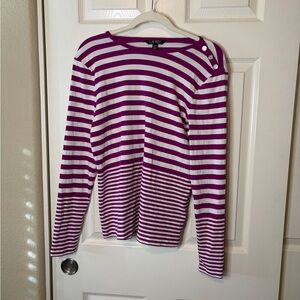 Women's Lauren Ralph Lauren Purple & White L/S Striped Button Detail Tee XL